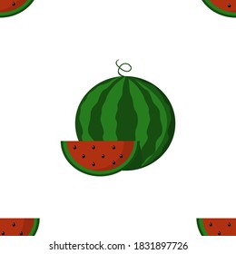 Vector seamless pattern of whole watermelon and slices of juicy watermelon on transparent background