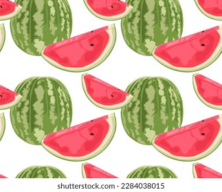 Vector seamless pattern of whole watermelon and its slices with seeds. Juicy summer fruits. Suitable for prints and backgrounds.