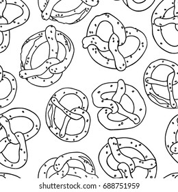 Vector seamless pattern wiith hand drawn bretzels. Traditional german pastry illustration. Beautiful food design elements.
