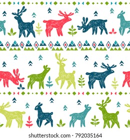 Vector seamless pattern with wild animal in forest. Hand drawn texture with cute deers, floral elements and tribal ornamental stripes