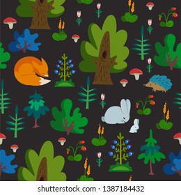Vector seamless pattern with wild animals in forest. Hand drawn texture with cute fox, rabbit and hedgehog. Trees and other natural elements