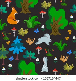 Vector seamless pattern with wild animals in forest. Hand drawn texture with cute cartoon characters, trees and other natural elements