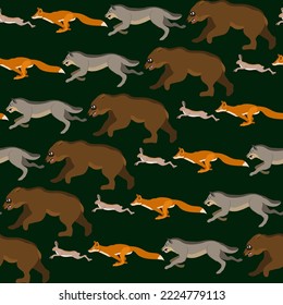 Vector seamless pattern with wild animals, running after each other. Hunting concept. Wildlife. Dark green background.