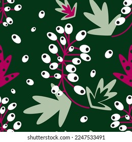 Vector seamless pattern of wild berries. White baneberry plant, seeds. Design for printing on textiles, paper, packaging, wallpaper