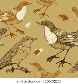vector seamless pattern with wild birds and beetles