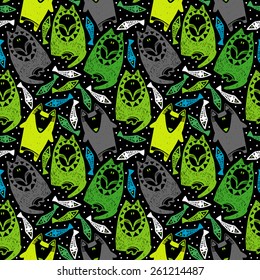 Vector seamless pattern with wild cartoon animals. Colorful wolf, fox and fish on black background.