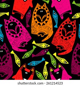 Vector seamless pattern with wild cartoon animals. Colorful wolf, fox and fish on black background.