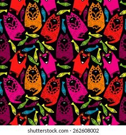 Vector seamless pattern with wild cartoon animals. Colorful wolf, fox and fish on black background.