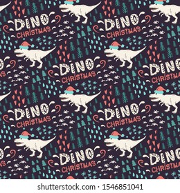 Vector seamless pattern with wild dino in santa claus hat and text dino christmas