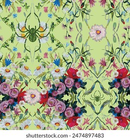 vector, seamless pattern of wild flower spider meadow. Daisies, roses, bells, cornflowers on a warm light green background.