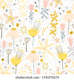 Vector Seamless Pattern Of Wild Flowers. Perfect For Kids Fabric, Textile, Nursery Wallpaper. Vector Illustration. 