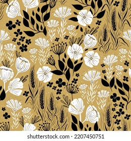 Vector seamless pattern with wild flowers and crop wheat. Golden background, black and white pattern