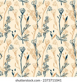 Vector seamless pattern with wild flowers, herbs and grasses.Thin delicate lines silhouettes of different plants