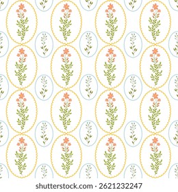 Vector seamless pattern with wild flowers in frames. Bright floral romantic meadow flowers in cottagecore garden style for manor and farmhouse background.