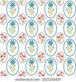 Vector seamless pattern with wild flowers in frames. Bright floral romantic meadow flowers in cottagecore garden style for manor and farmhouse background.
