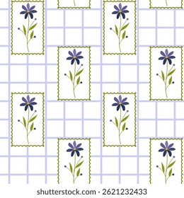 Vector seamless pattern with wild flowers in frames. Bright floral romantic meadow flowers in cottagecore garden style for manor and farmhouse background.