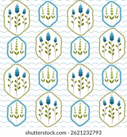 Vector seamless pattern with wild flowers in frames. Bright floral romantic meadow flowers in cottagecore garden style for manor and farmhouse background.