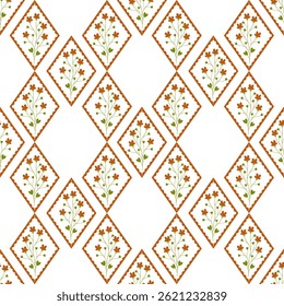 Vector seamless pattern with wild flowers in frames. Bright floral romantic meadow flowers in cottagecore garden style for manor and farmhouse background.