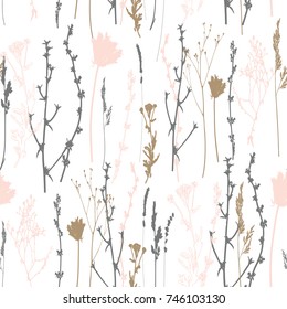 Vector seamless pattern with wild flowers, herbs and grasses.Thin delicate lines silhouettes of different plants - lavender, chicory, yarrow, dill, queen anne lace. Pastel colors on white background
