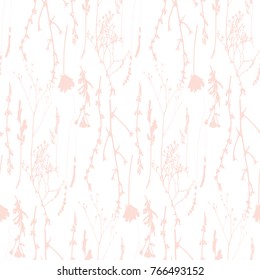 Vector seamless pattern with wild flowers, herbs and grasses.Thin delicate lines silhouettes of different plants - chicory, yarrow, dill, queen anne lace. Soft pastel colors on white background
