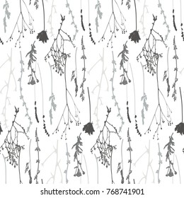 Vector seamless pattern with wild flowers, herbs and grasses.Thin delicate lines silhouettes of different plants - chicory, yarrow, dill, queen anne lace. Soft pastel colors on white background
