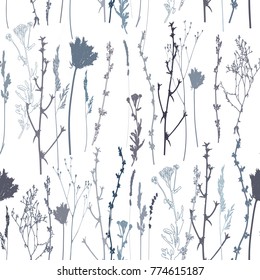 Vector seamless pattern with wild flowers, herbs and grasses.Thin delicate lines silhouettes of different plants - chicory, yarrow, dill, queen anne lace. Soft pastel colors on white background.