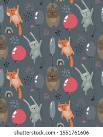 Vector seamless pattern with wild forest animals fliyng on balloons. Colorful endless background for textile, wrapping paper, invitations, preschool and children room decoration