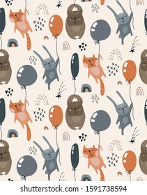 Vector seamless pattern with wild forest animals fliyng on balloons. Colorful endless background for textile, wrapping paper, invitations, preschool and children room decoration