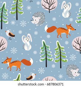 Vector seamless pattern with wild forest animal, trees and snow on a blue background. Cute hand drawn winter illustration.