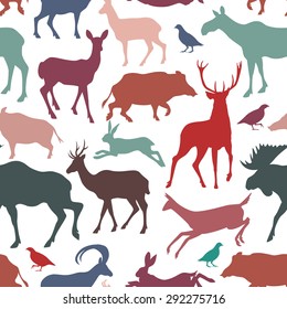 Vector seamless pattern with wild game silhouettes. Beautiful design elements, vintage colors. Perfect for prints and patterns.
