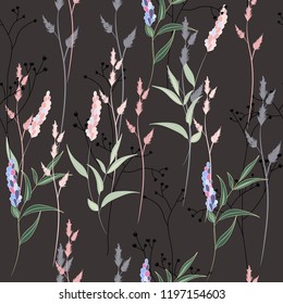 Vector seamless pattern with wild lavender flowers, herbs and grasses. Thin delicate lines silhouettes of different plants. Soft pastel colors on dark brown background 