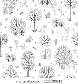 Vector seamless pattern of wild life in forest. Doodles fox, moose, deer, owl, bear, squirrel, raccoon, hedgehog, mushrooms and trees. Autumn falling leaves. Duotone boundless background.