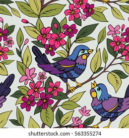 Vector seamless pattern of wild little birds and blooming plants. Illustration can be used for decoration of offices, notebooks, posters, greeting cards, invitations, textiles, clothing and so on.