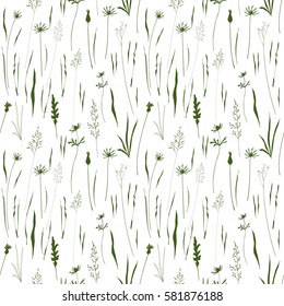 
Vector seamless pattern with wild meadow flowers, herbs and grasses. Thin delicate line silhouettes of different plants - johnson's grass, cornflowers, thistles. Isolated on white background
