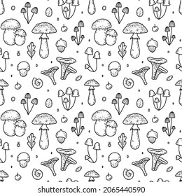 Vector seamless pattern with wild mushrooms. Doodle forest mushrooms - fly agaric, boletus, chanterelle, etc. 