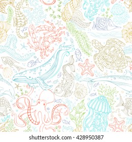 Vector seamless pattern of wild ocean life. Colourful contours of whale, dolphin, turtle, fish, starfish, crab, octopus, shell, jellyfish, seahorse, algae on white. Underwater sea animals and plants.