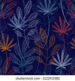 Vector seamless pattern with wild plants, herbs and branches, colorful botanical illustration, floral elements, hand drawn repeatable background. Artistic backdrop.