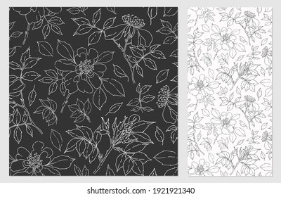 Vector seamless pattern with wild rose. Monochrome background with rose hips. Petals, buds, branches, leaves.