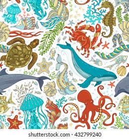 Vector seamless pattern of wild sea life. Cartoon octopus, whale, dolphin, turtle, fish, starfish, crab, shell, jellyfish, seahorse, algae. Underwater animals and plants.