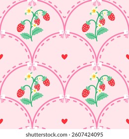Vector seamless pattern of wild strawberries with stitched details and floral accents. Ideal for summer textiles, decorative prints, and sweet, minimal backgrounds