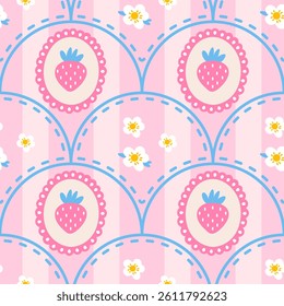 Vector seamless pattern with wild strawberries, floral elements and stitch. Ideal for fabric, summer-themed designs, and sweet botanical prints. Cute and pastel-colored design