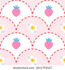 Vector seamless pattern of wild strawberries with stitched details and floral accents. Ideal for summer textiles, decorative prints, and sweet, minimal backgrounds