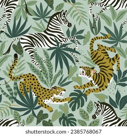 Patrón vectorial sin fisuras con tigres silvestres, leopardos y cebra sobre fondo tropical. Huella animal de Safari. Diseño de tela de moda.