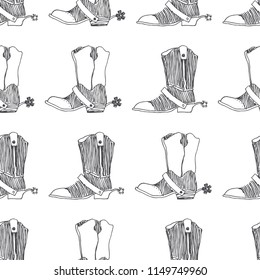Vector seamless pattern with wild west symbol. Cowboy boots with spurs sketch. Hand drawn texture with old american shoes isolated on white.