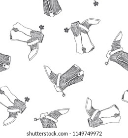 Vector seamless pattern with wild west symbol. Cowboy boots with spurs sketch. Hand drawn texture with old american shoes isolated on white.