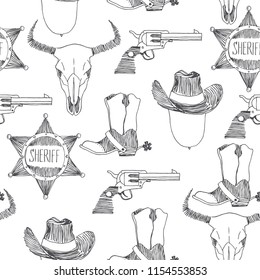 Vector seamless pattern with Wild West symbols. Texture with hand drawn cowboy hat, boot, revolver, sheriff star and bull skull. Amercian western adventure background.