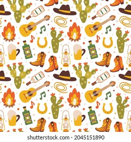 Vector seamless pattern with Wild West symbols: cowboy boots and hats, guitar, alcohol drinks and cactus. Country repeated texture with western symbols.