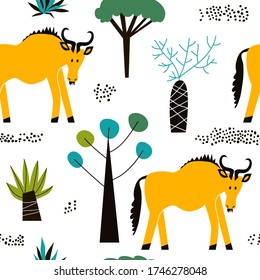 Vector seamless pattern with wildebeest. Childish background with gnu antelope for wallpaper, wrapping paper, surface design