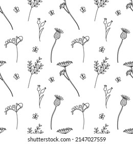 Vector seamless pattern with wildflowers and butterflies. Sketch style.