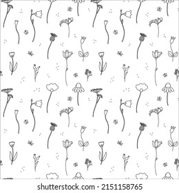 Vector seamless pattern with wildflowers and butterflies. Sketch style.
